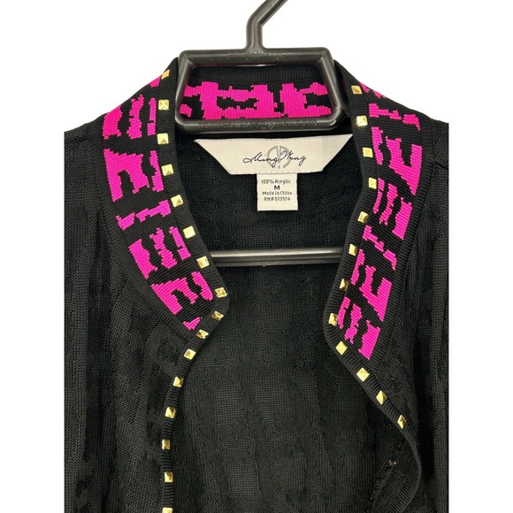 Ming Wang‎ Black Pink Geometric Studded Trim Cardigan Sweater Womens M - Picture 6 of 9